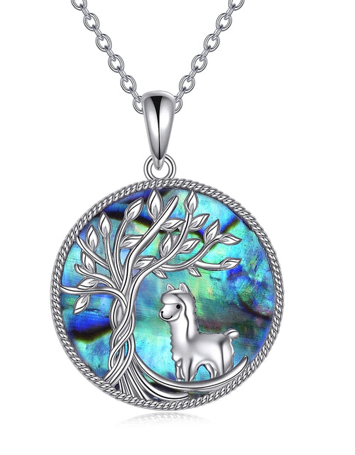 Load image into Gallery viewer, Tree of Life Alpaca Necklace Sterling Silver with Abalone Shell Animal Alpaca Pendant Jewelry Birthday Anniversary Mothers Valentines Day Gifts for Women
