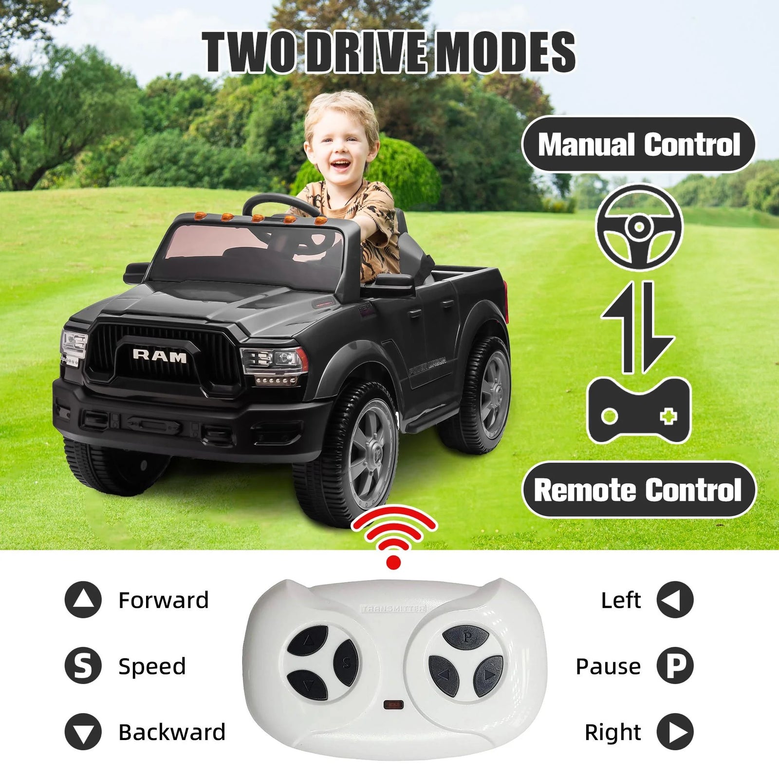 Dodge RAM 2500 Ride on Car for Kids, 12V Powered Ride on Toy with Remote Control, Rear Wheel Suspension, 5 Point Safety Harness, Bluetooth, LED Lights, Electric Vehicles for 3-6 Year Boys, Black