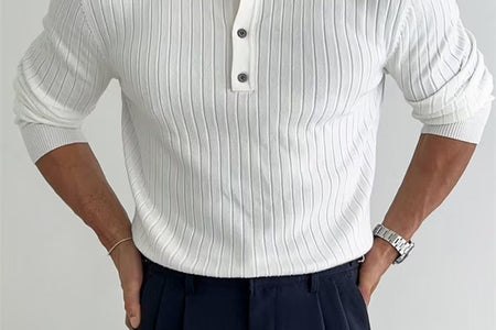 Lapel Button Long Sleeve Polo Shirt Slim Fashion Solid Striped Knitted Bottoming Shirt Top Men'S Clothing