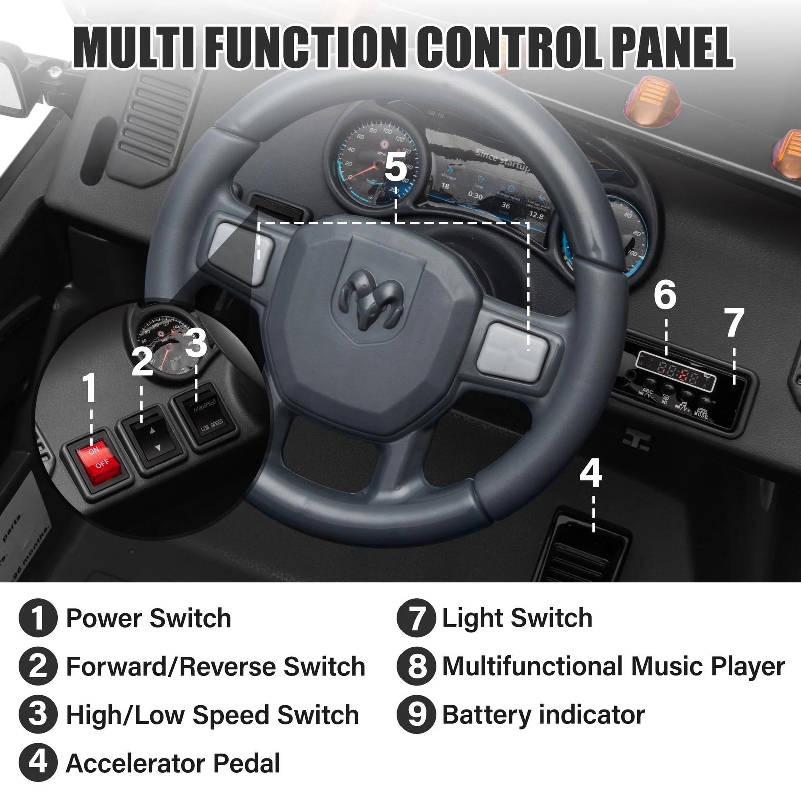 Dodge RAM 2500 Ride on Car for Kids, 12V Powered Ride on Toy with Remote Control, Rear Wheel Suspension, 5 Point Safety Harness, Bluetooth, LED Lights, Electric Vehicles for 3-6 Year Boys, Black