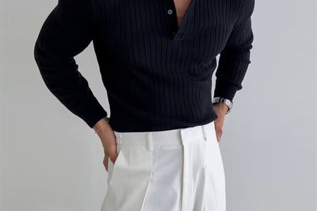 Lapel Button Long Sleeve Polo Shirt Slim Fashion Solid Striped Knitted Bottoming Shirt Top Men'S Clothing