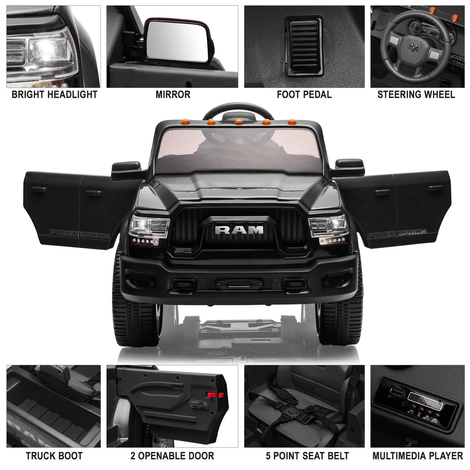 Dodge RAM 2500 Ride on Car for Kids, 12V Powered Ride on Toy with Remote Control, Rear Wheel Suspension, 5 Point Safety Harness, Bluetooth, LED Lights, Electric Vehicles for 3-6 Year Boys, Black