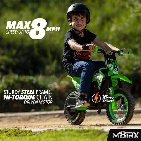 M8TRX Green 12V Mini Electric Child Dirt Bike, Battery Powered Toy Motorcycle, Kids Ride On, Ages 5 Years and Up