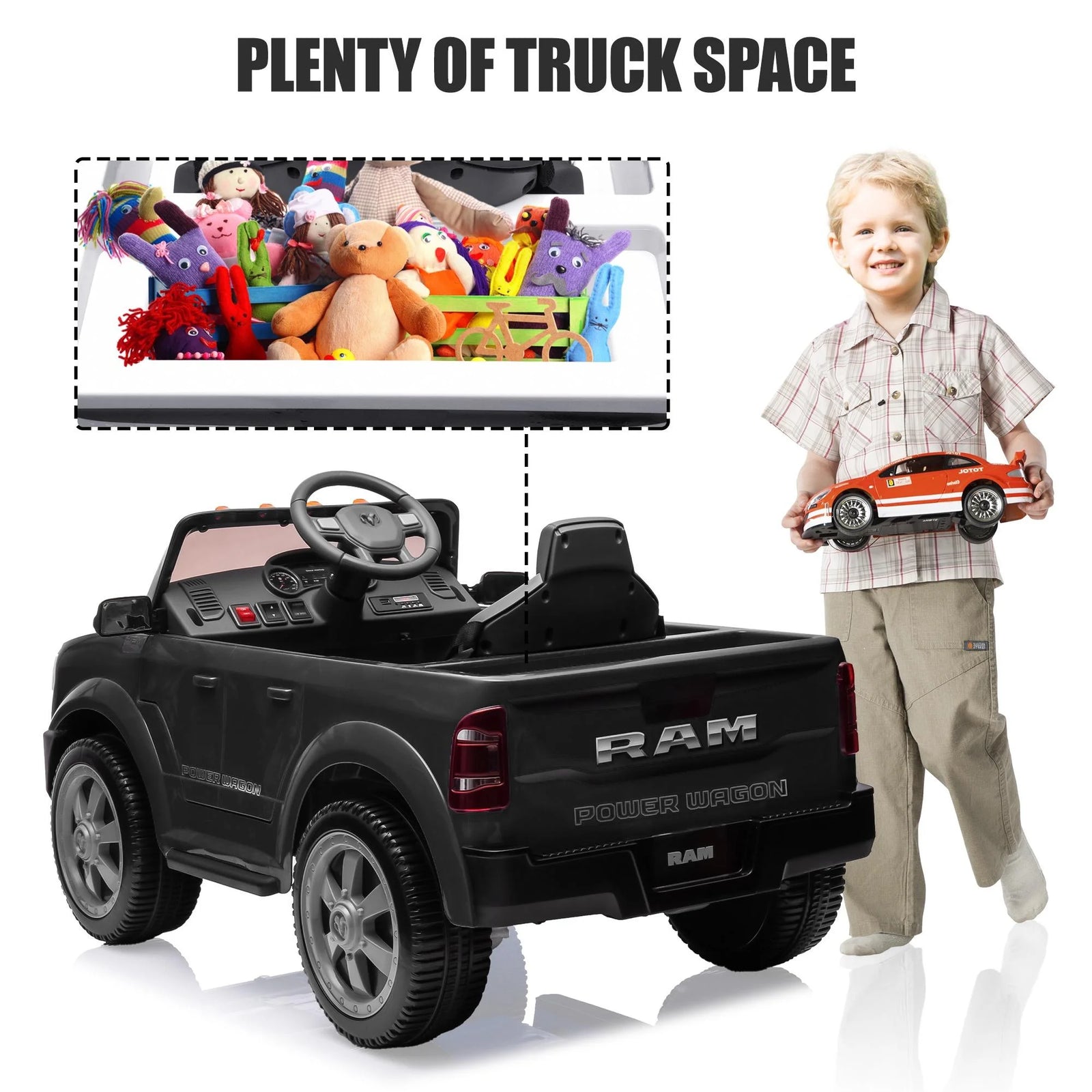 Dodge RAM 2500 Ride on Car for Kids, 12V Powered Ride on Toy with Remote Control, Rear Wheel Suspension, 5 Point Safety Harness, Bluetooth, LED Lights, Electric Vehicles for 3-6 Year Boys, Black