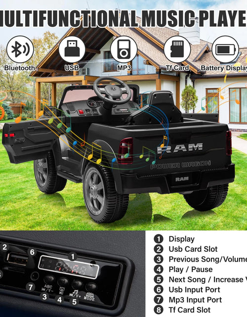 Load image into Gallery viewer, Dodge RAM 2500 Ride on Car for Kids, 12V Powered Ride on Toy with Remote Control, Rear Wheel Suspension, 5 Point Safety Harness, Bluetooth, LED Lights, Electric Vehicles for 3-6 Year Boys, Black
