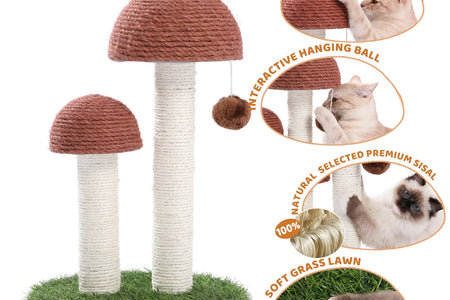 2 Mushrooms Cat Scratching Post 19" Sisal Claw Scratcher for Kittens and Small Cats, Brown