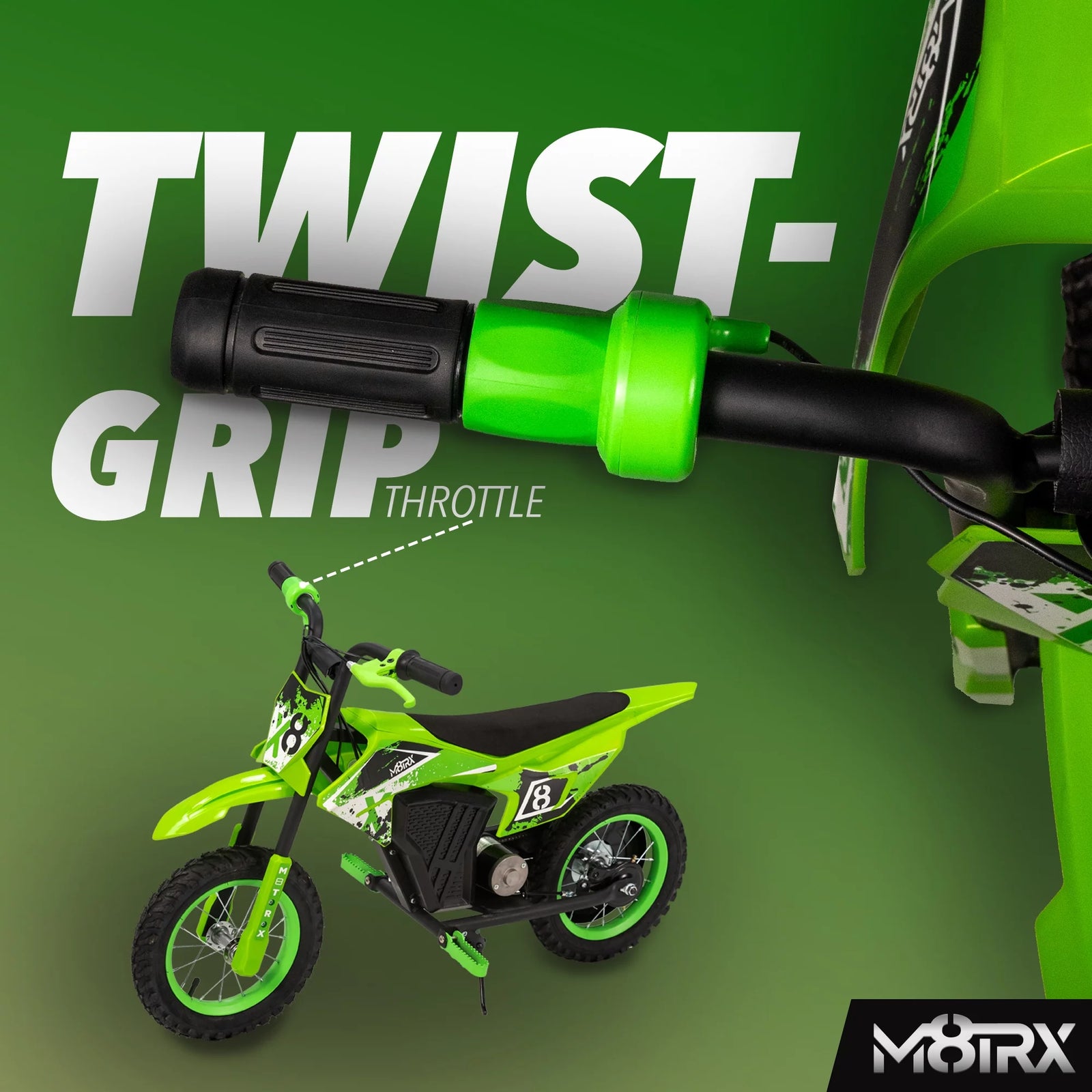 M8TRX Green 12V Mini Electric Child Dirt Bike, Battery Powered Toy Motorcycle, Kids Ride On, Ages 5 Years and Up
